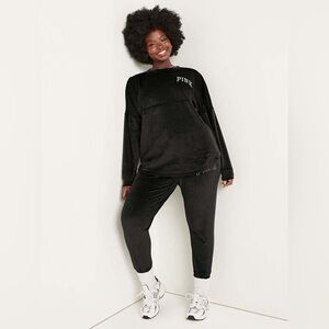 VS Pink Black Varsity Shine Velour Pullover SZ M